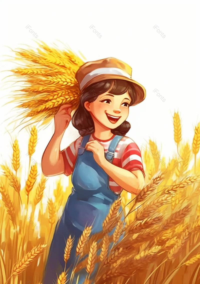 女孩头上插着一把麦穗一个人收割收获麦子麦穗秋季丰收金色插画,插画/手绘图,插画/手绘图库,插画/手绘图下载,插画/手绘